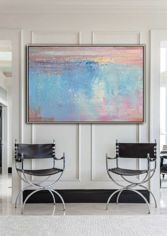 Huge Wall Decor,Oversized Horizontal Contemporary Art,Modern Art,Sky Blue,Pink,White.etc